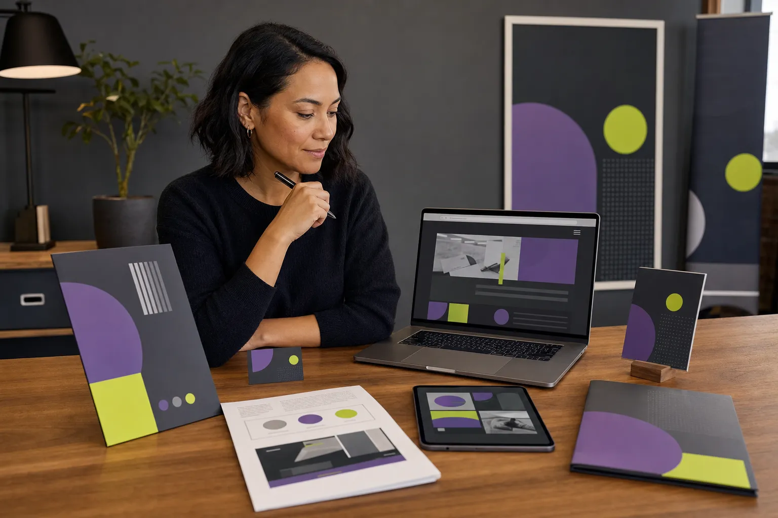 Business owner reviewing a complete brand system with a designer for a Canadian business