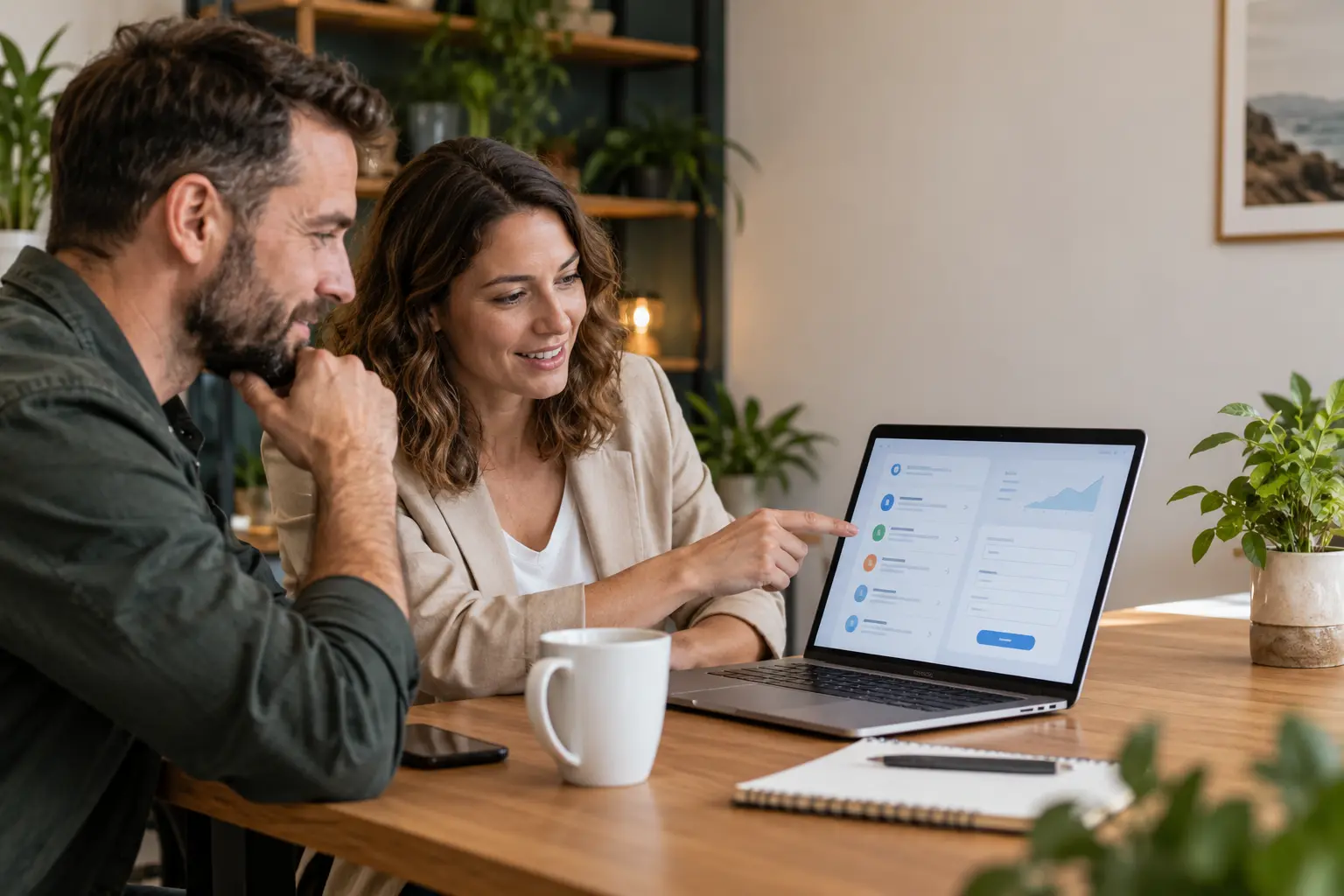 Business owner and consultant reviewing landing page leads for a Canadian business