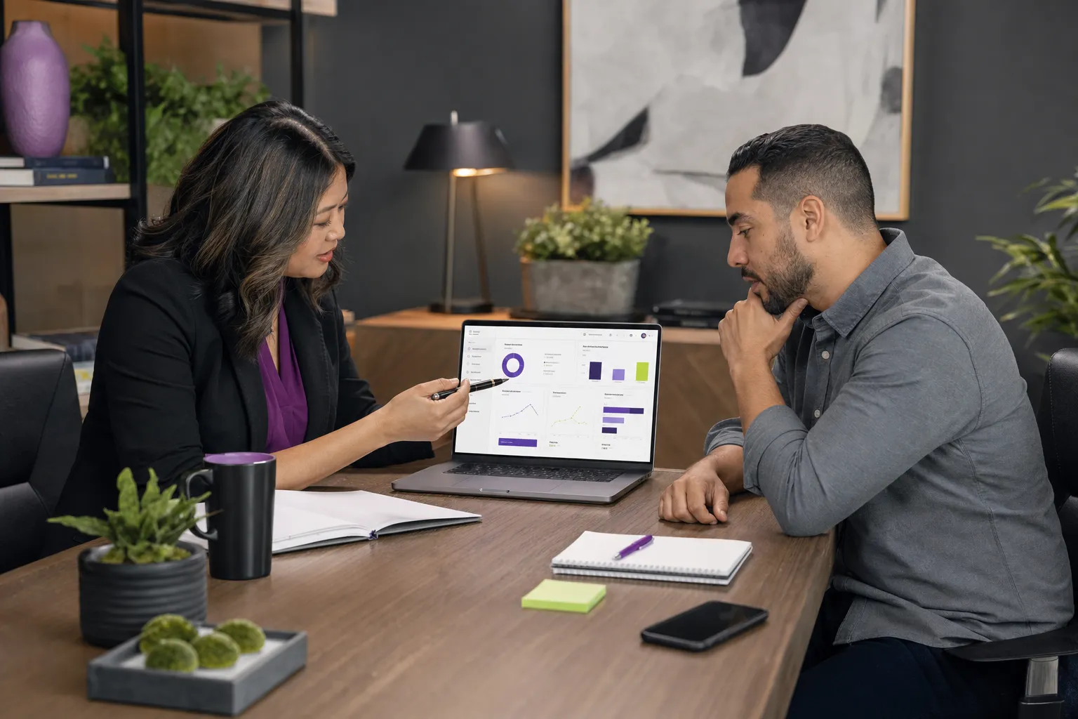 Business owner reviewing lead quality and sales follow-up with a consultant for a Canadian business