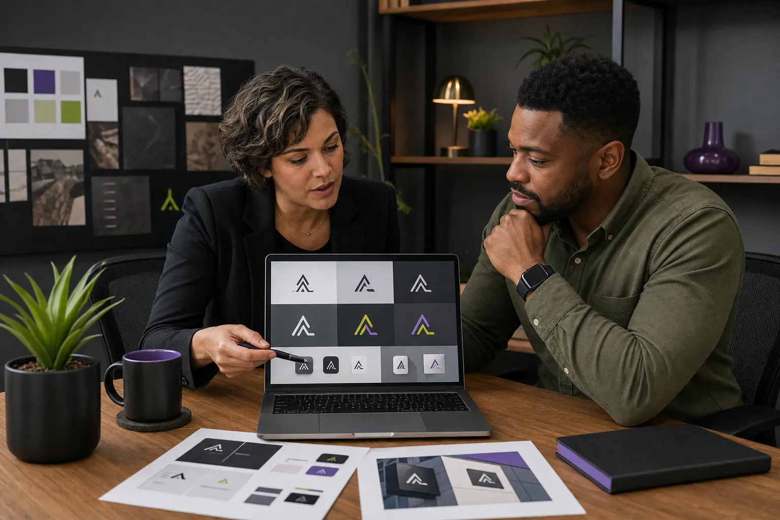 Business owner comparing logo concepts with a brand designer for a Canadian business