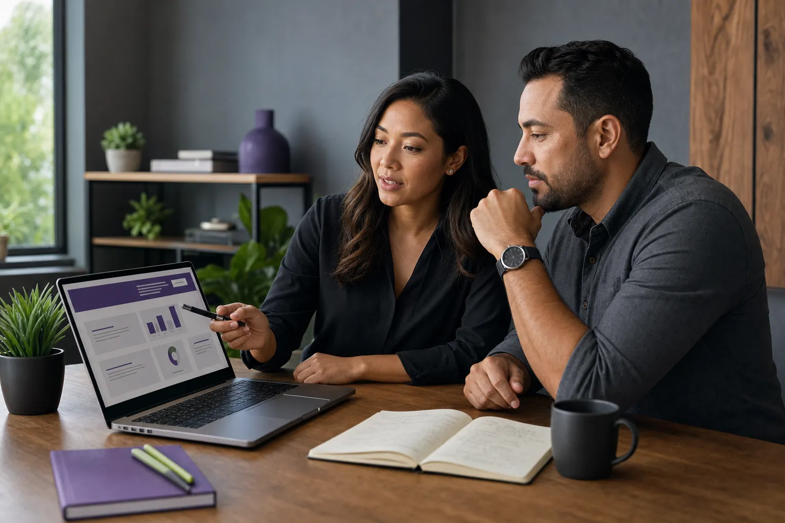 Business owner reviewing an optimized service page with an SEO consultant for a Canadian business