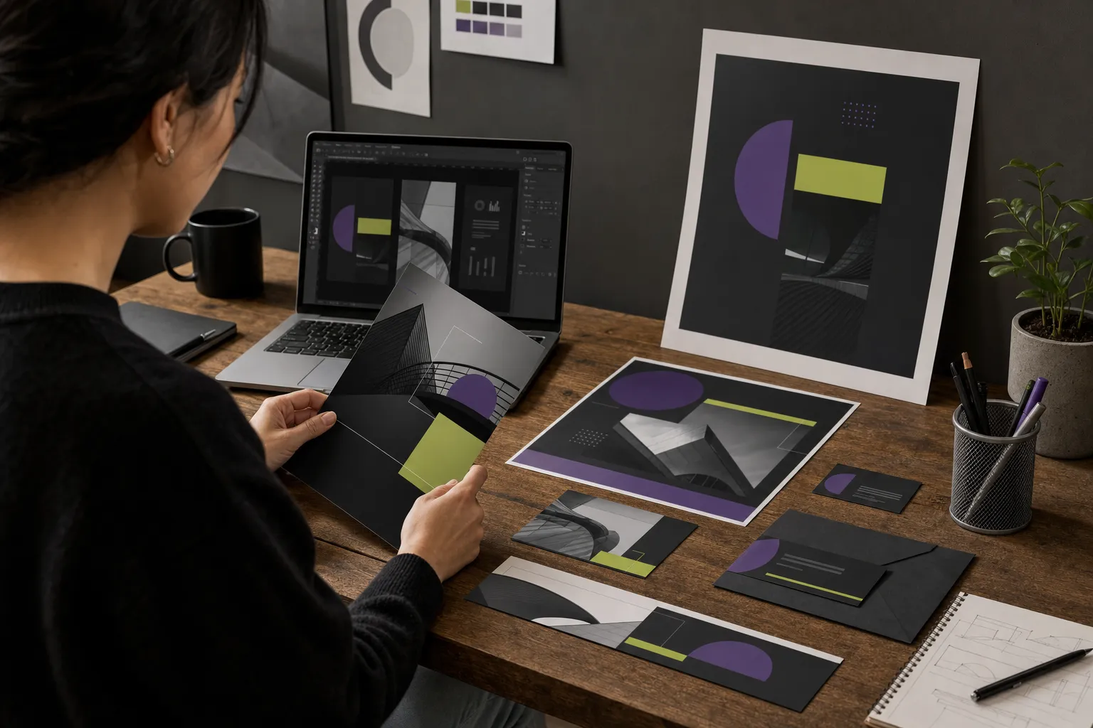 Designer creating coordinated print and digital promotional materials for a Canadian business