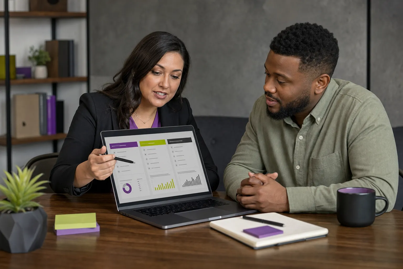 Business owner reviewing SEO priorities and next steps with a consultant for a Canadian business