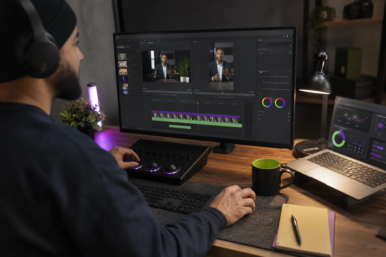 Editor cutting vertical social video with captions and branded graphics for a Canadian business