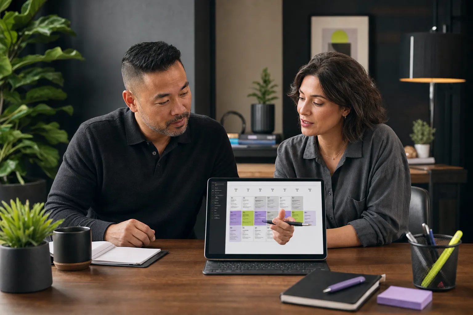 Business owner reviewing a social media content calendar with a creator for a Canadian business