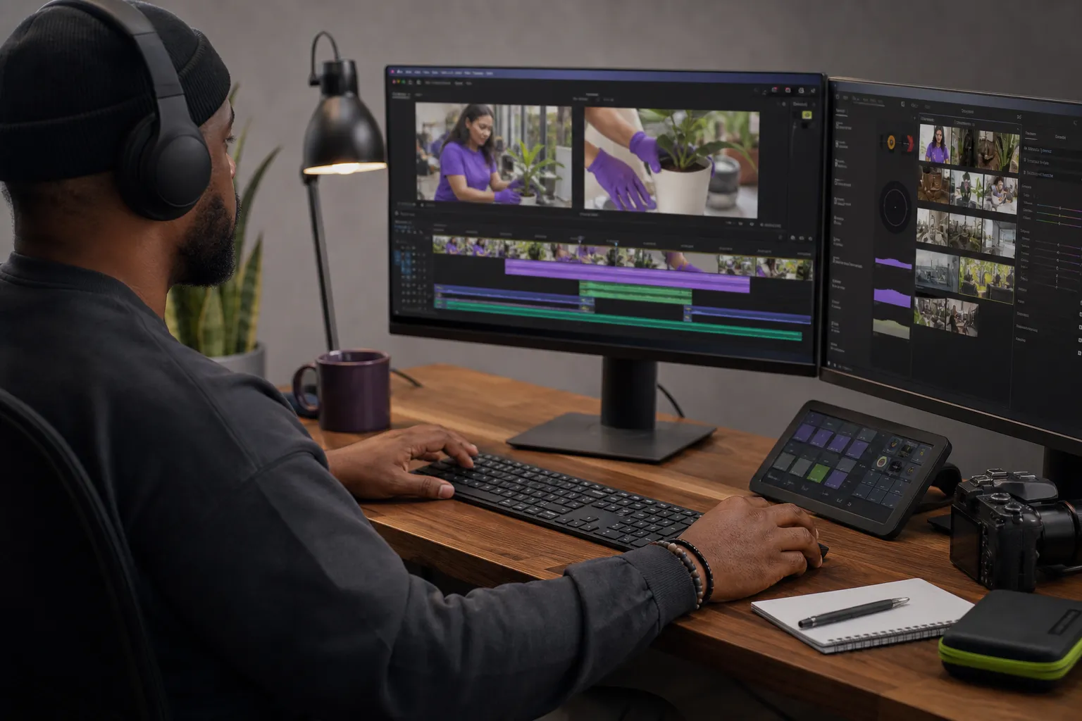Video editor assembling customer-focused business marketing footage for a Canadian business