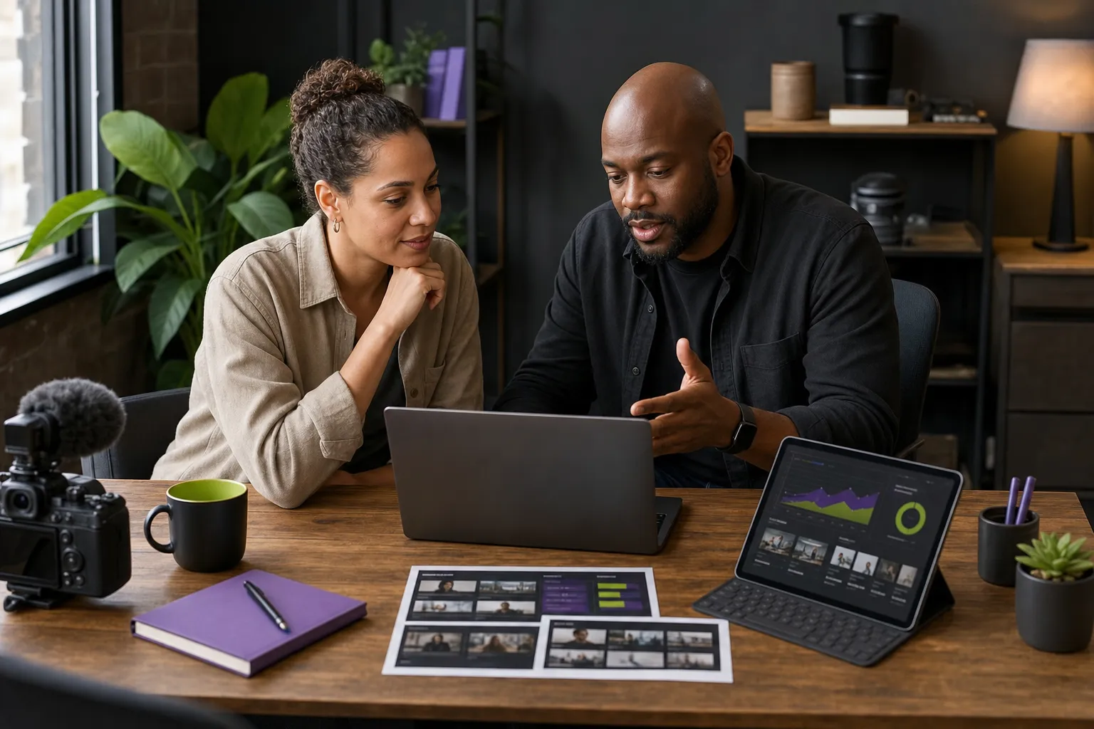 Business owner reviewing video marketing assets and distribution plan for a Canadian business