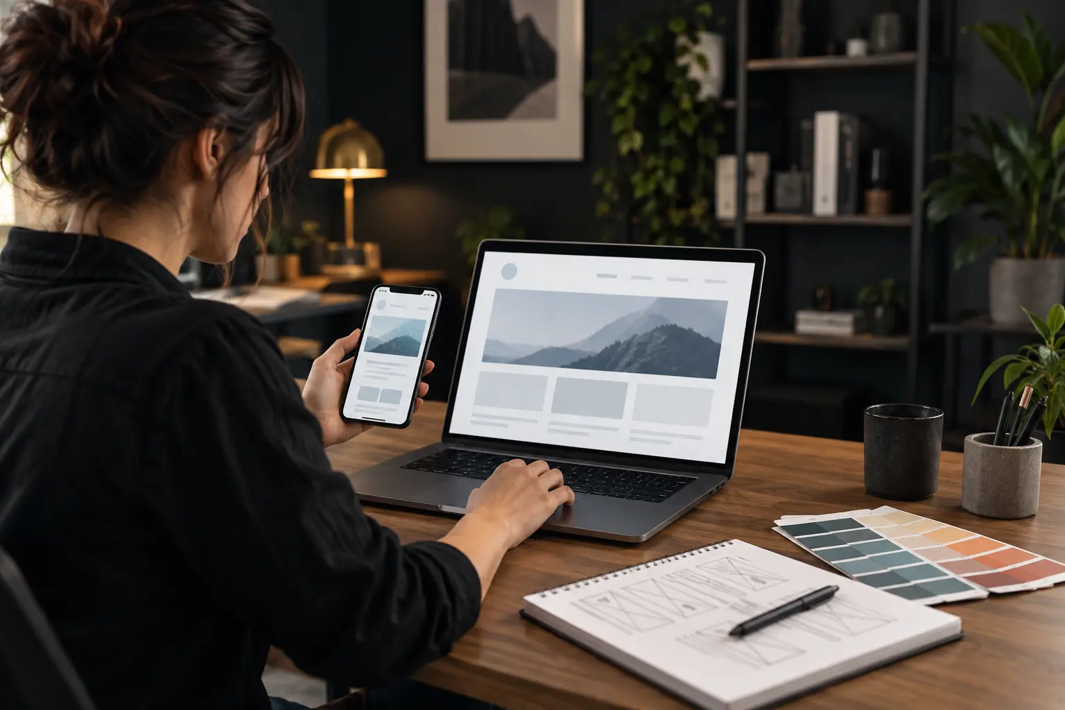 Web designer testing a business website on laptop and smartphone for a Canadian business