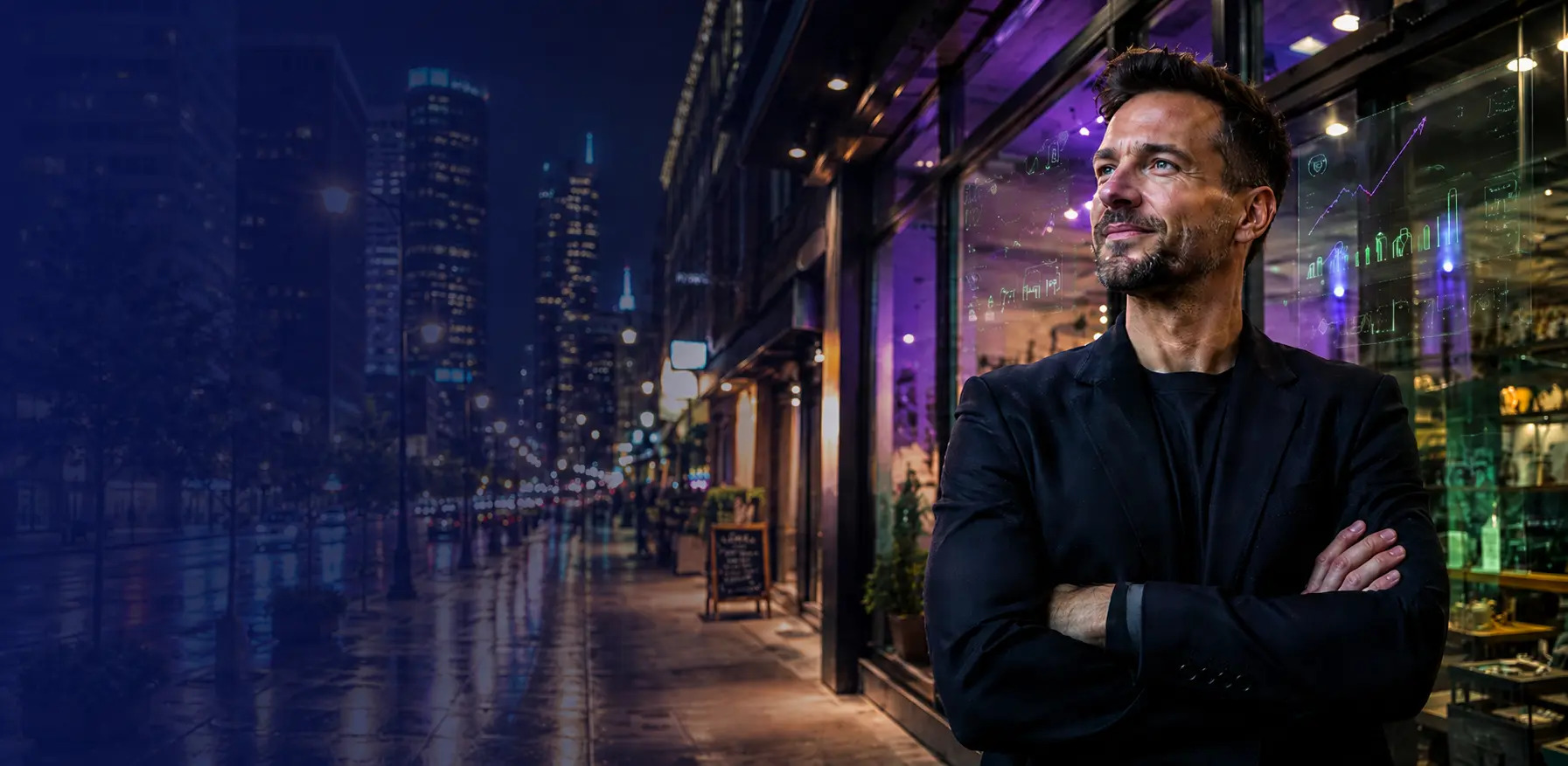 Confident local business owner standing in a modern city setting with digital growth analytics, representing digital marketing for local businesses ready to scale in the United States