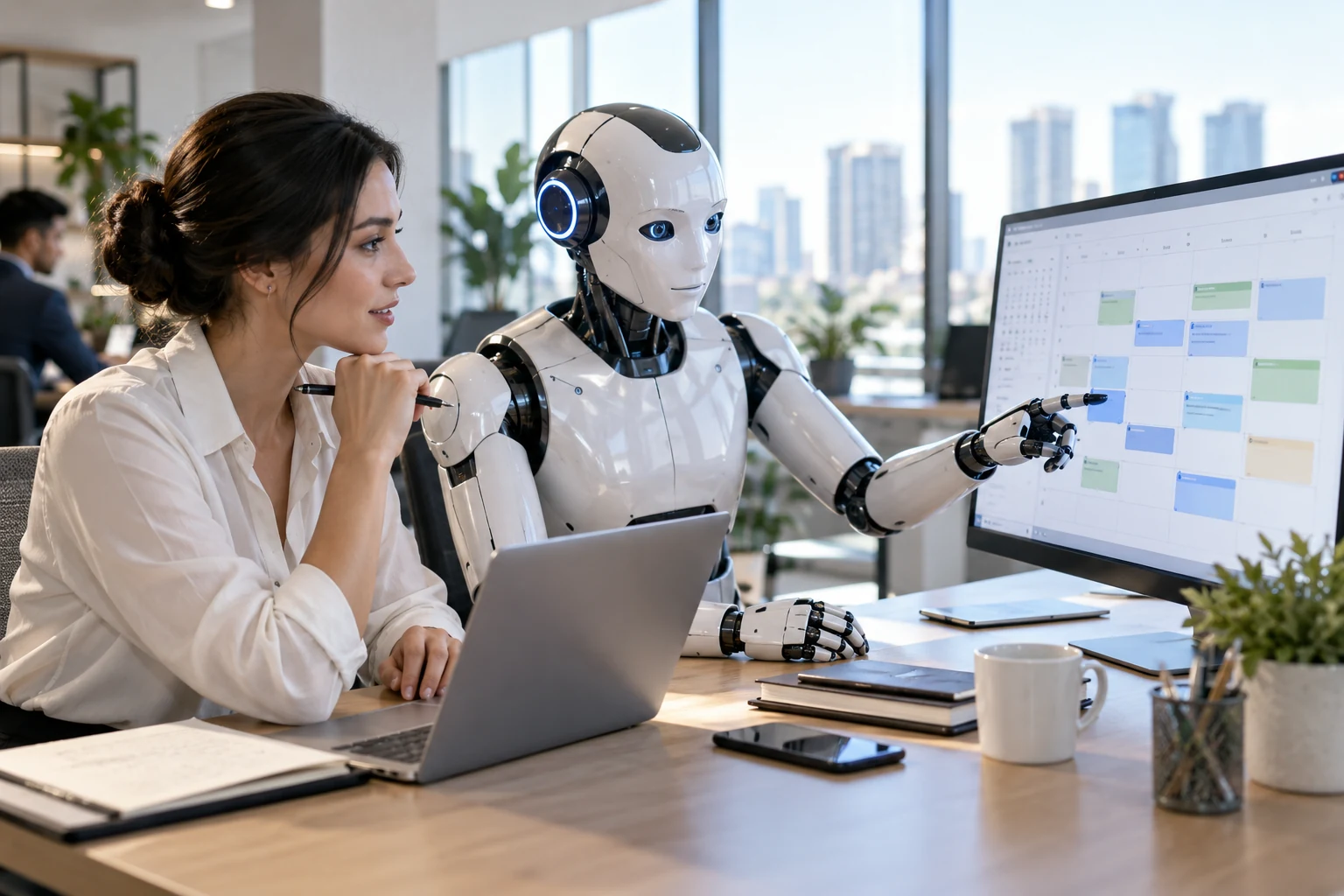 AI appointment booking assistant organizing a business calendar with human review