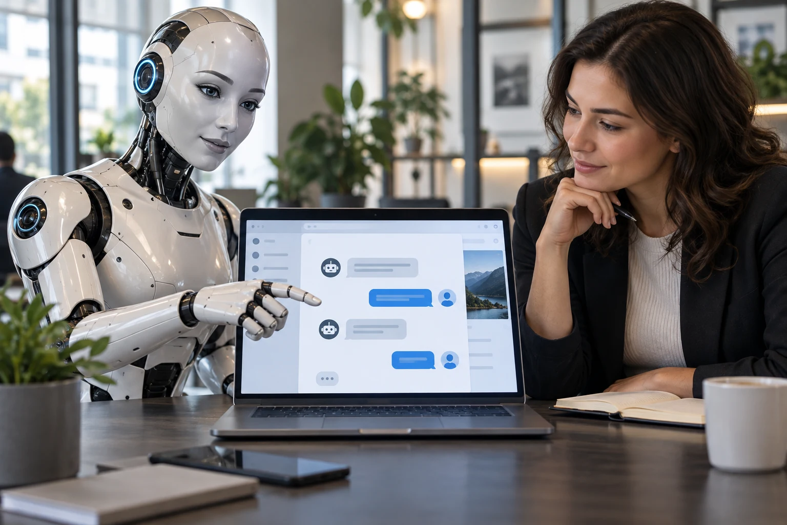 AI chatbot assistant handling website visitor questions while a human marketer reviews the conversation