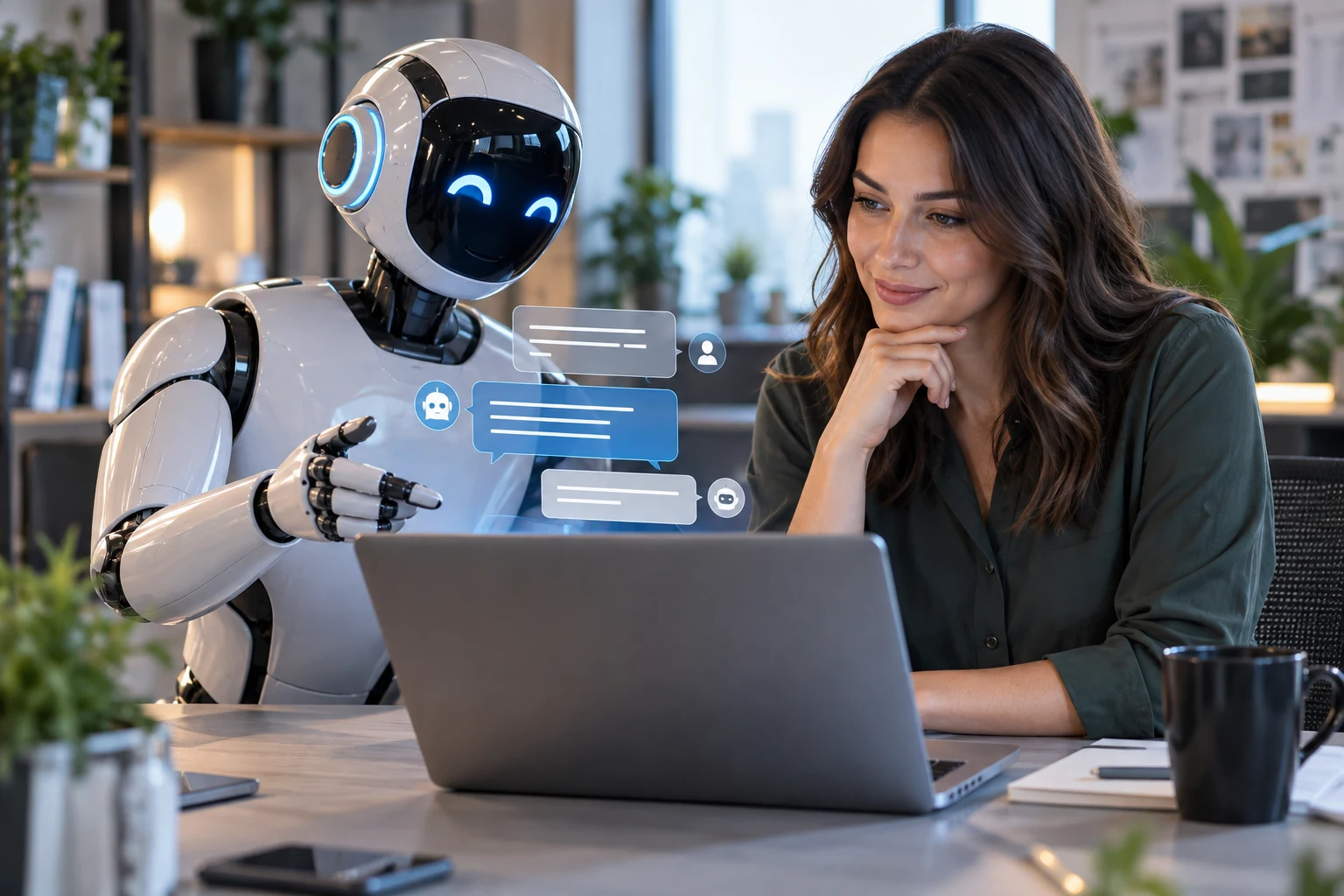 AI chatbot assistant answering website visitor questions while a marketer reviews the interaction