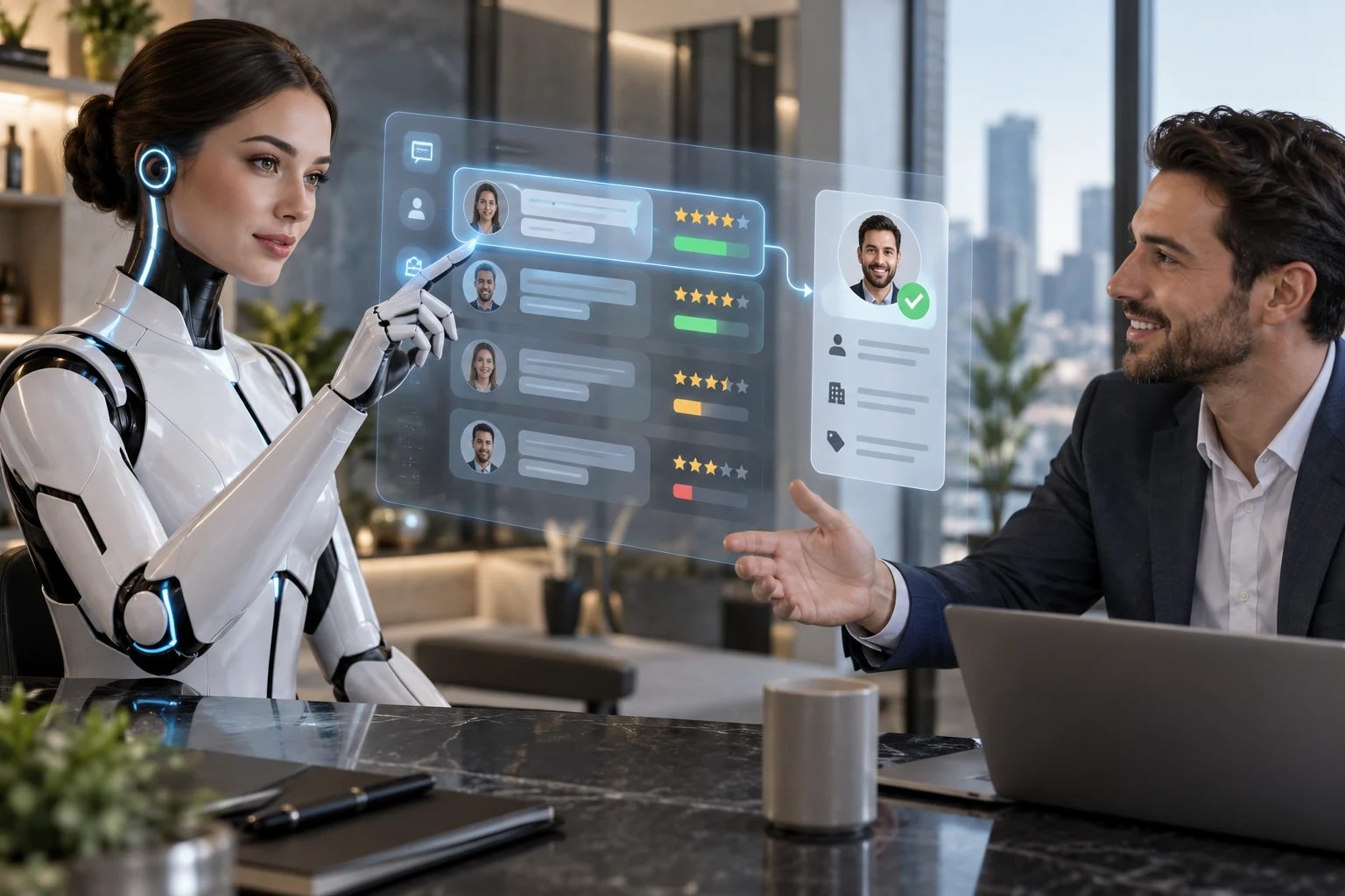 AI qualification chatbot reviewing visitor questions before sending lead context to a sales specialist