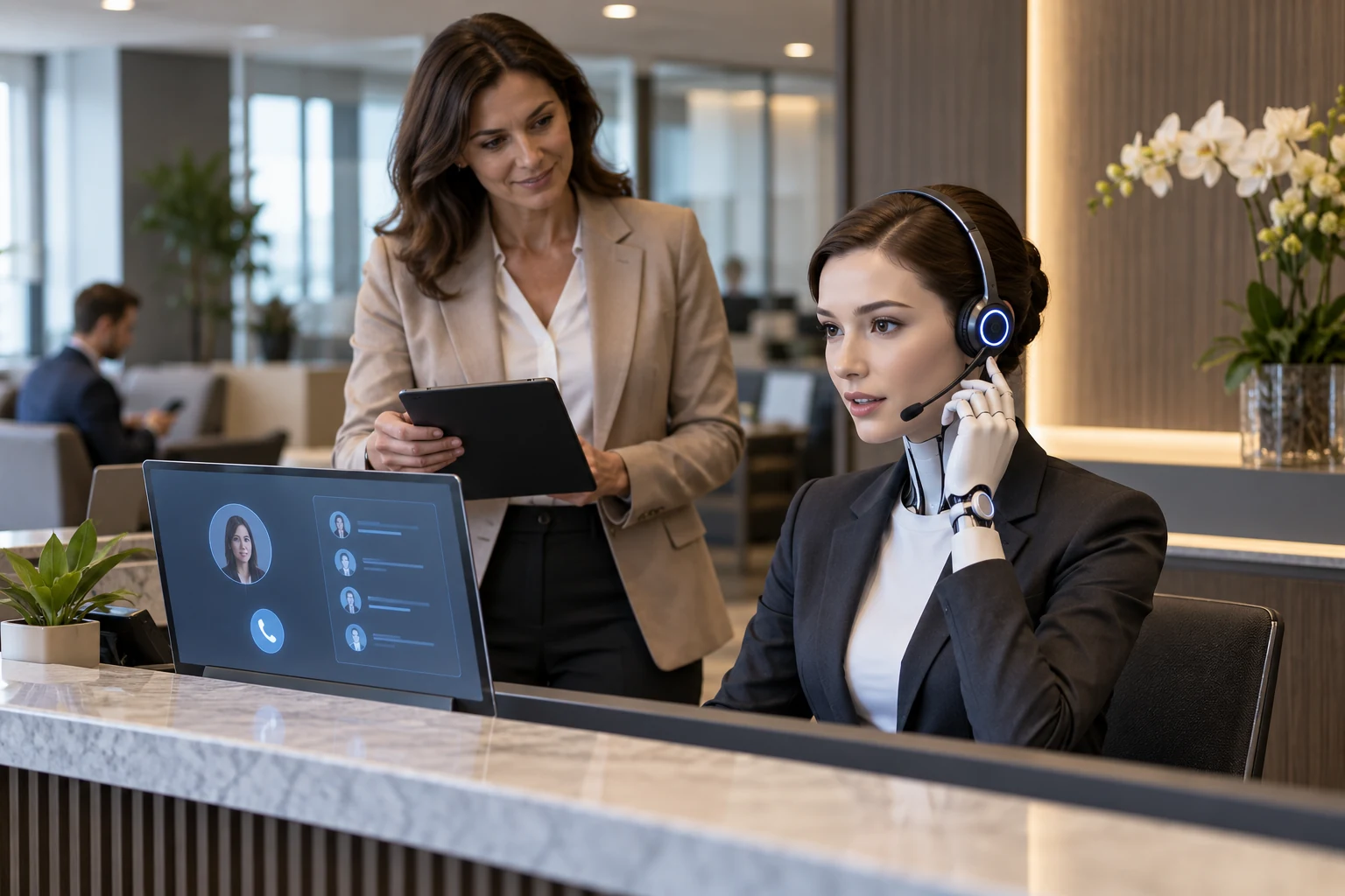 AI receptionist handling business phone calls while a human manager reviews the handoff