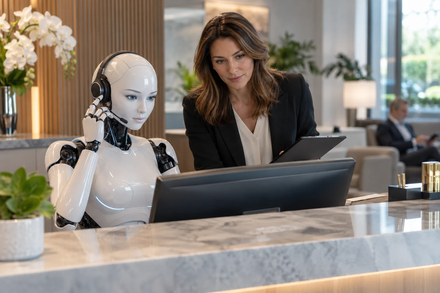 AI receptionist collecting first-line caller details while a human manager reviews the handoff