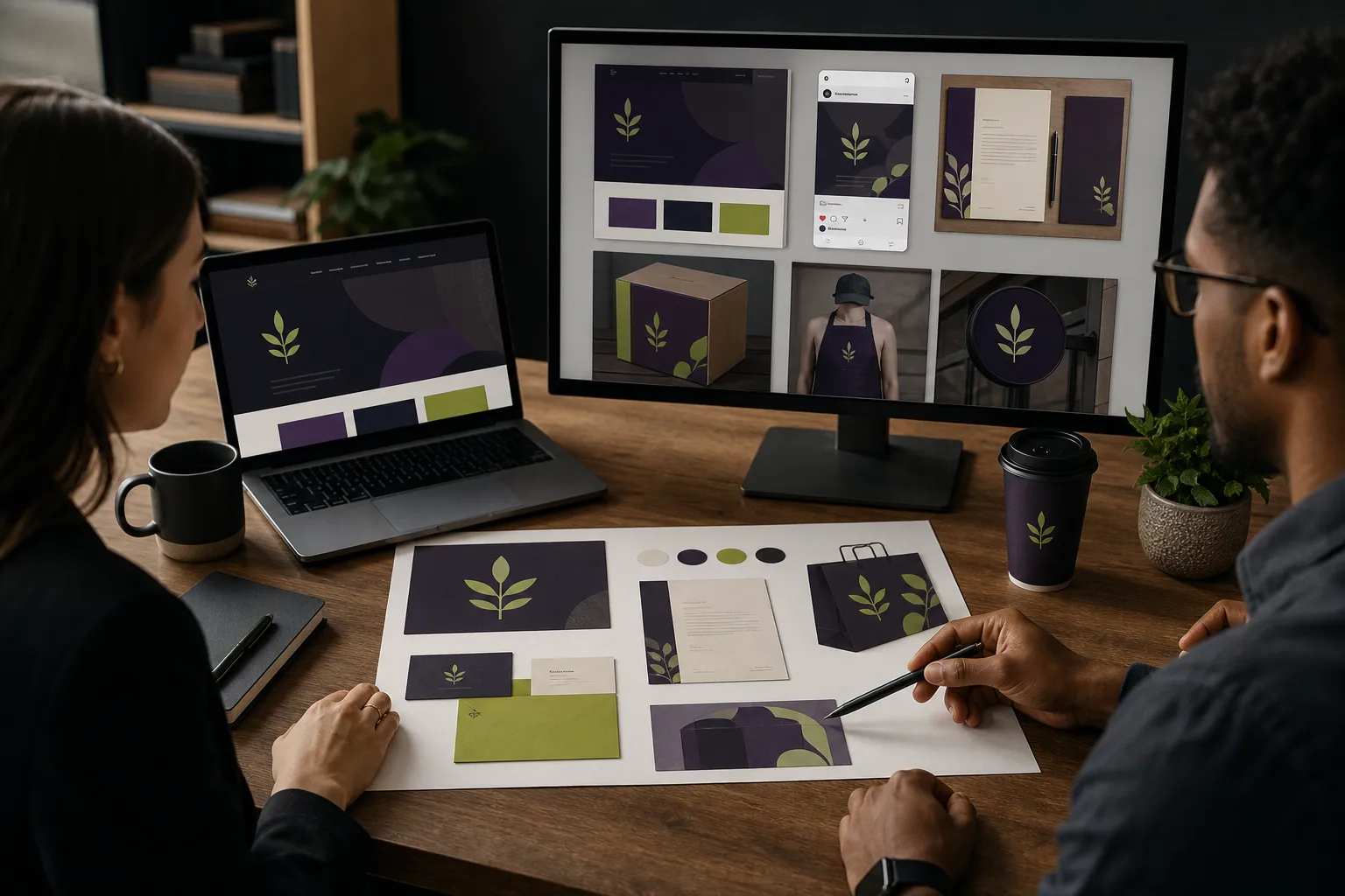 Brand identity applied to a website, social media, stationery, and signage