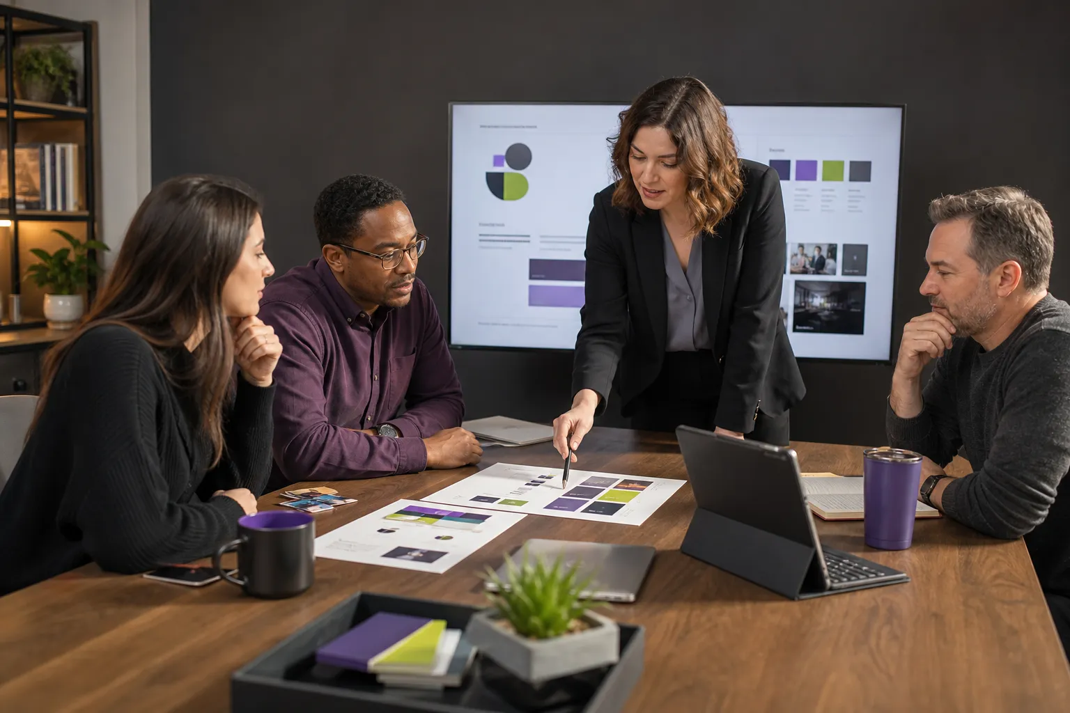 Business team reviewing practical brand identity guidelines