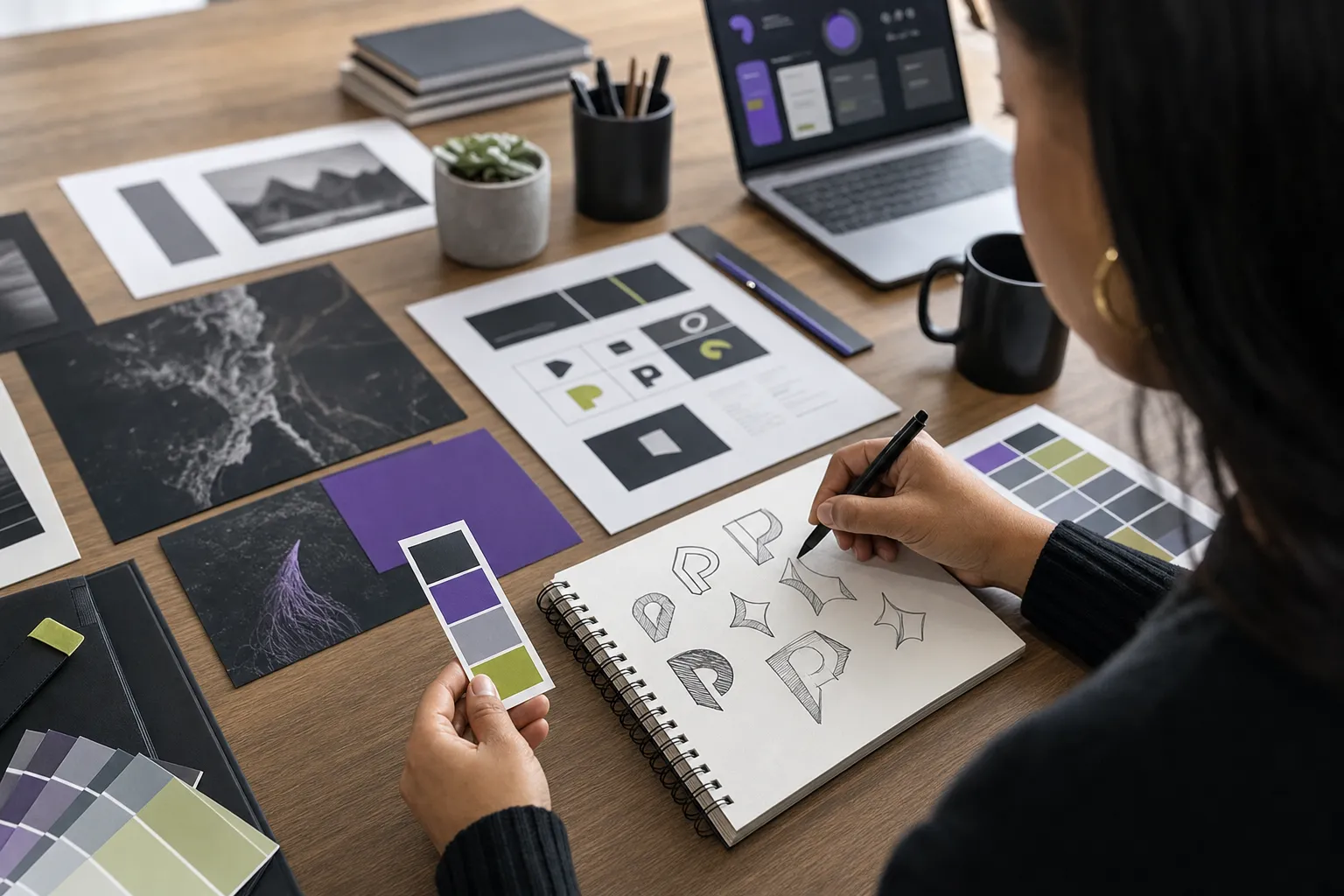 Designer developing brand concepts, colors, typography, and visual direction