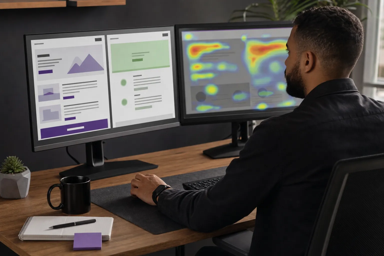 Marketer reviewing page tests, visitor behavior, and conversion paths