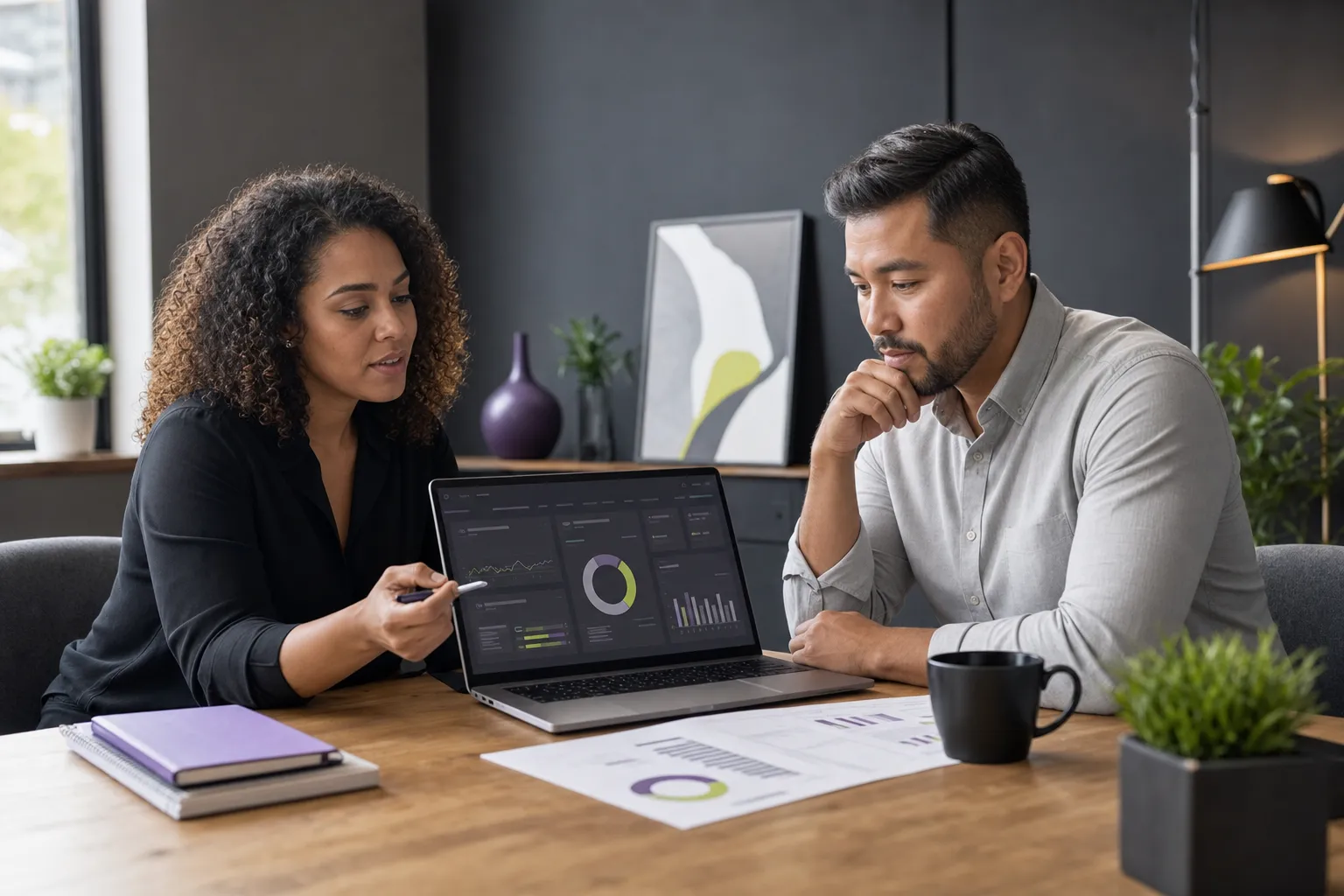 Business owner reviewing advertising leads, costs, and next steps