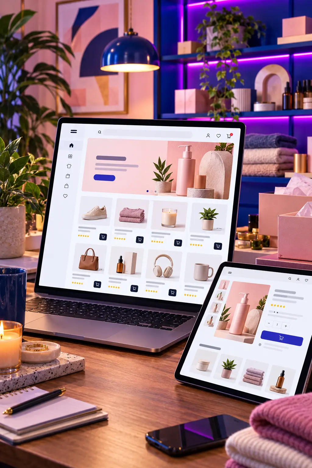 Modern ecommerce website displayed across desktop, tablet, and mobile screens