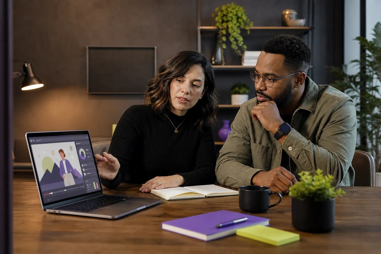 Business owner reviewing an animated marketing video with a producer