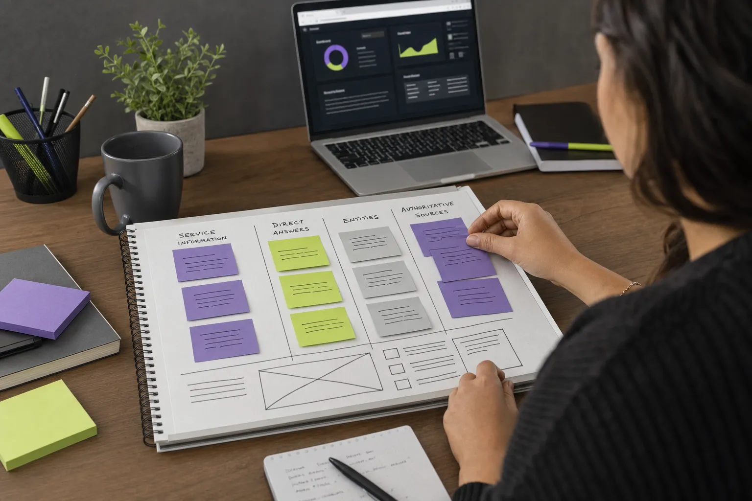 Content strategist structuring clear answers and sources for AI search visibility