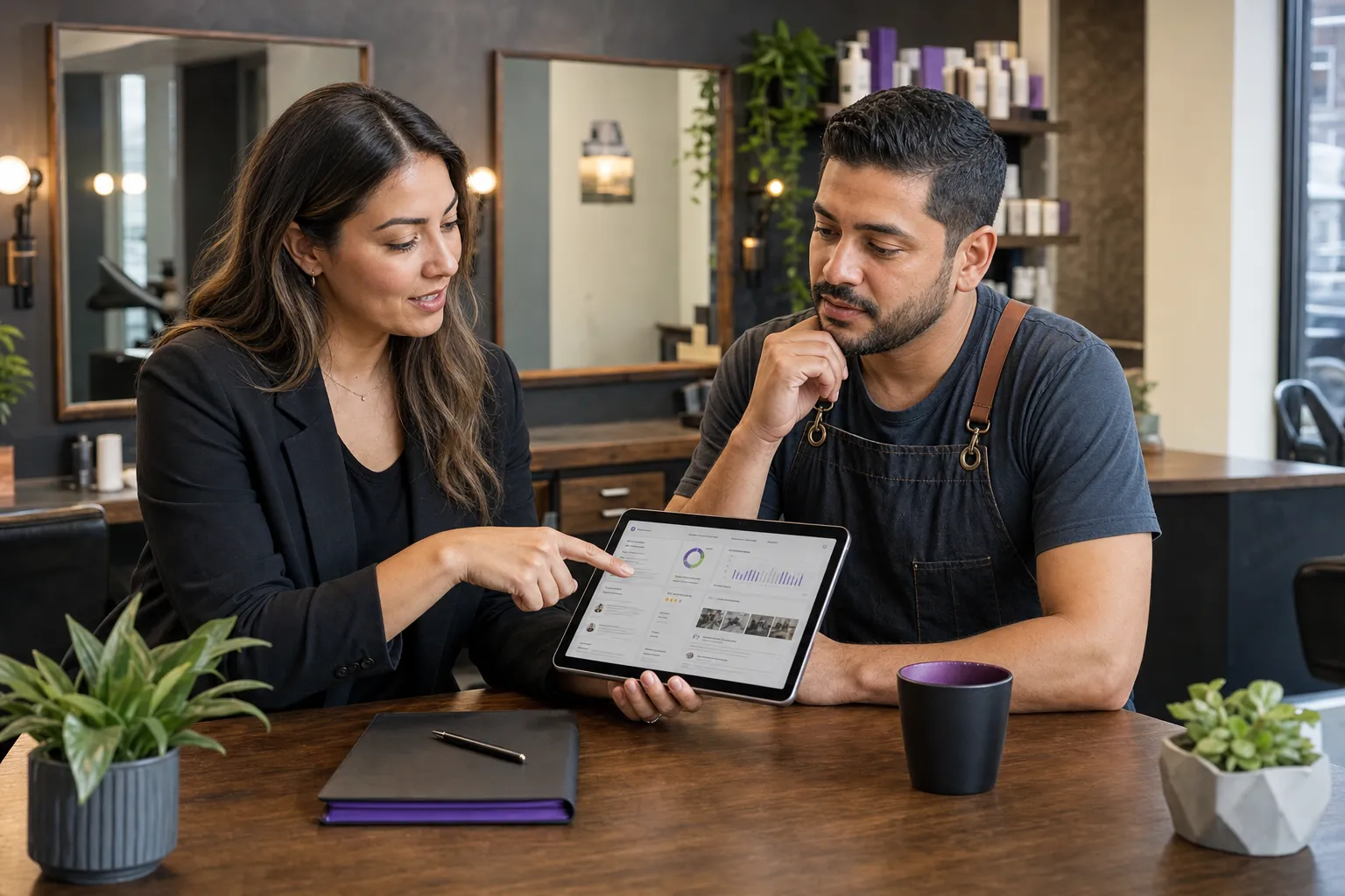 Consultant reviewing business profile completeness with a local owner