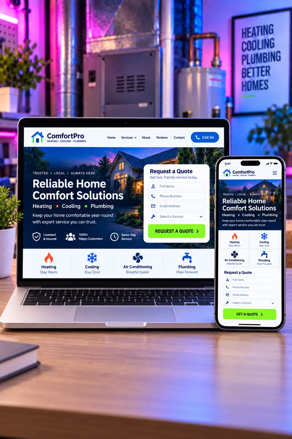 Responsive local business website with service options, five-star trust signals, and a quote form