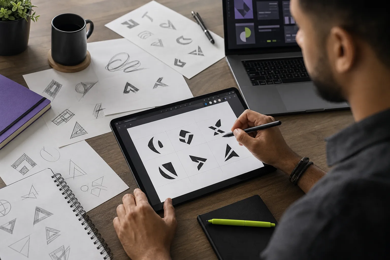 Designer sketching original geometric logo concepts