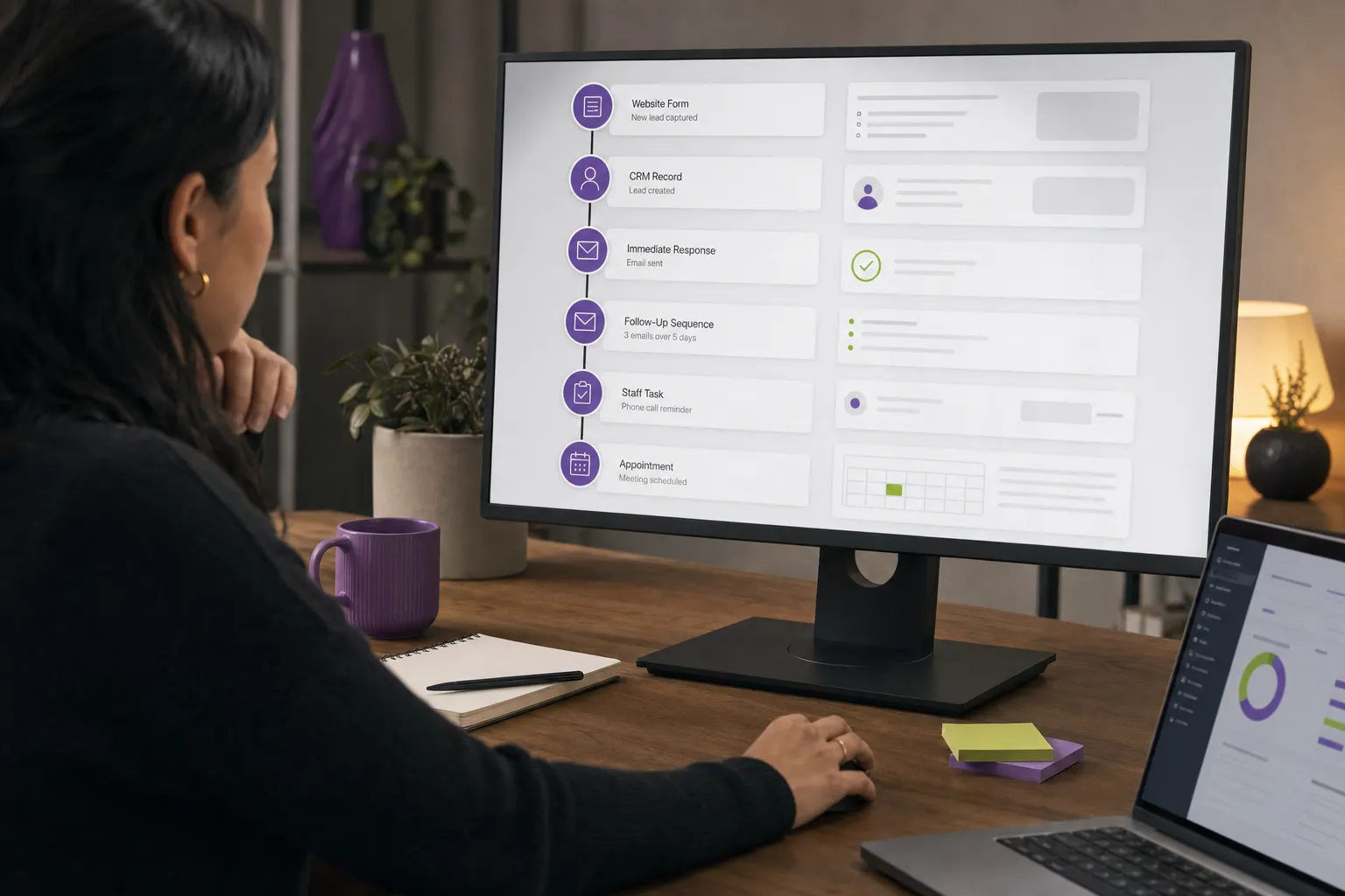 Connected workflow linking forms, CRM, email, text, and calendars