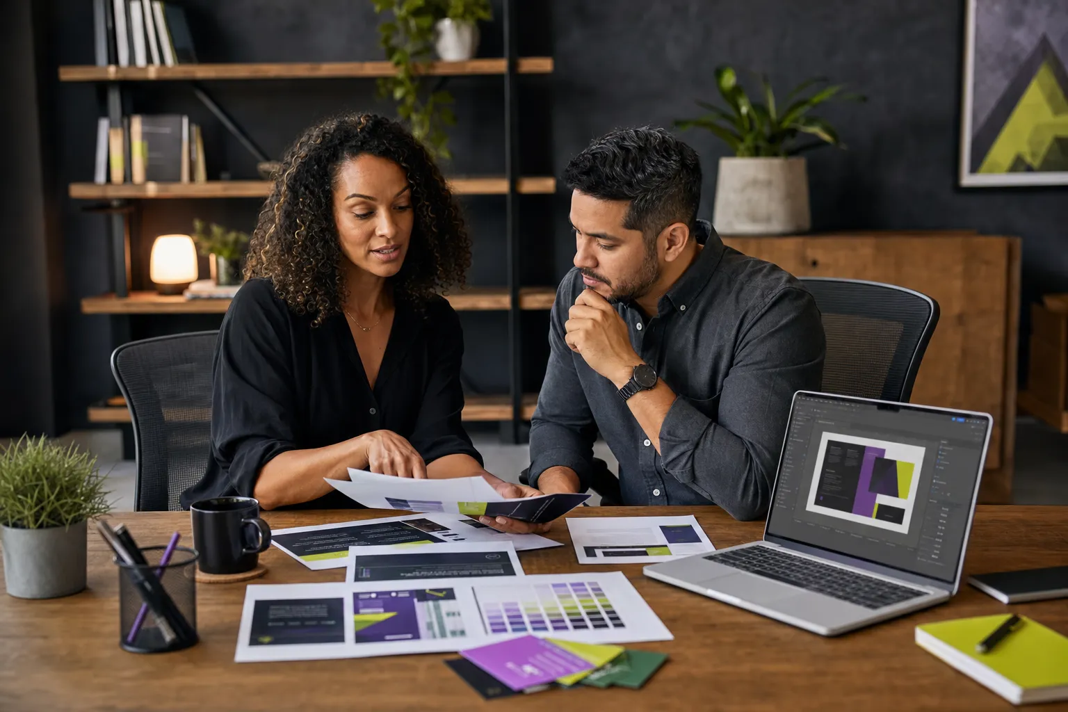 Business owner reviewing promotional material proofs before production