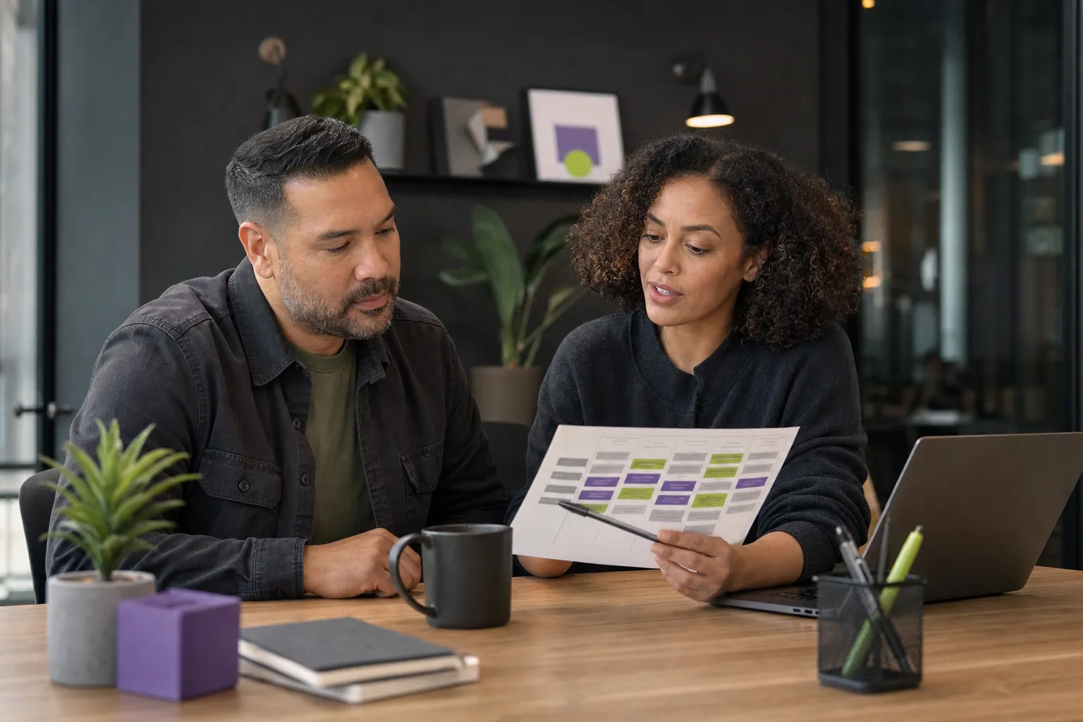 Business owner reviewing an SEO content roadmap with a strategist