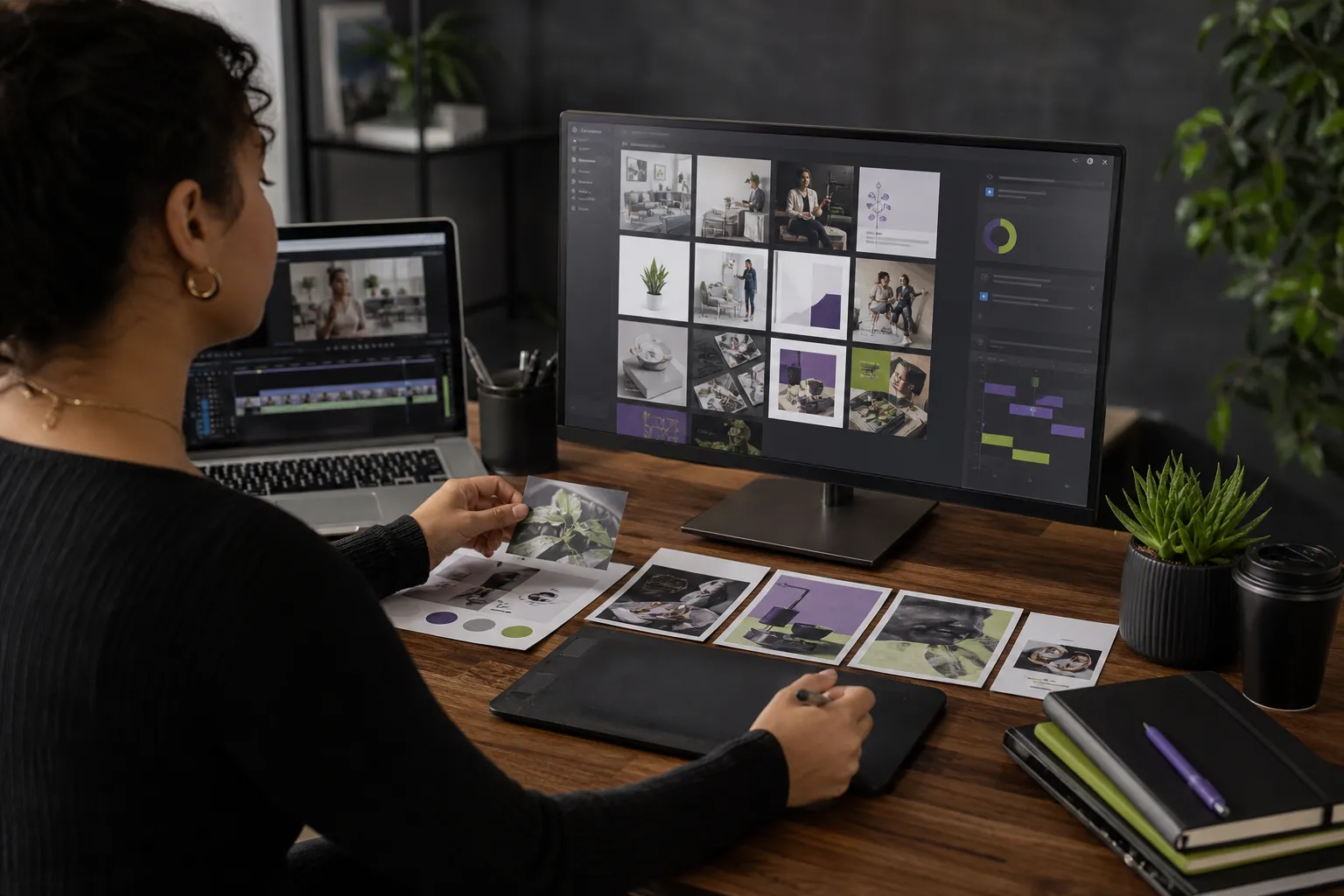 Designer creating social graphics, captions, and short video content
