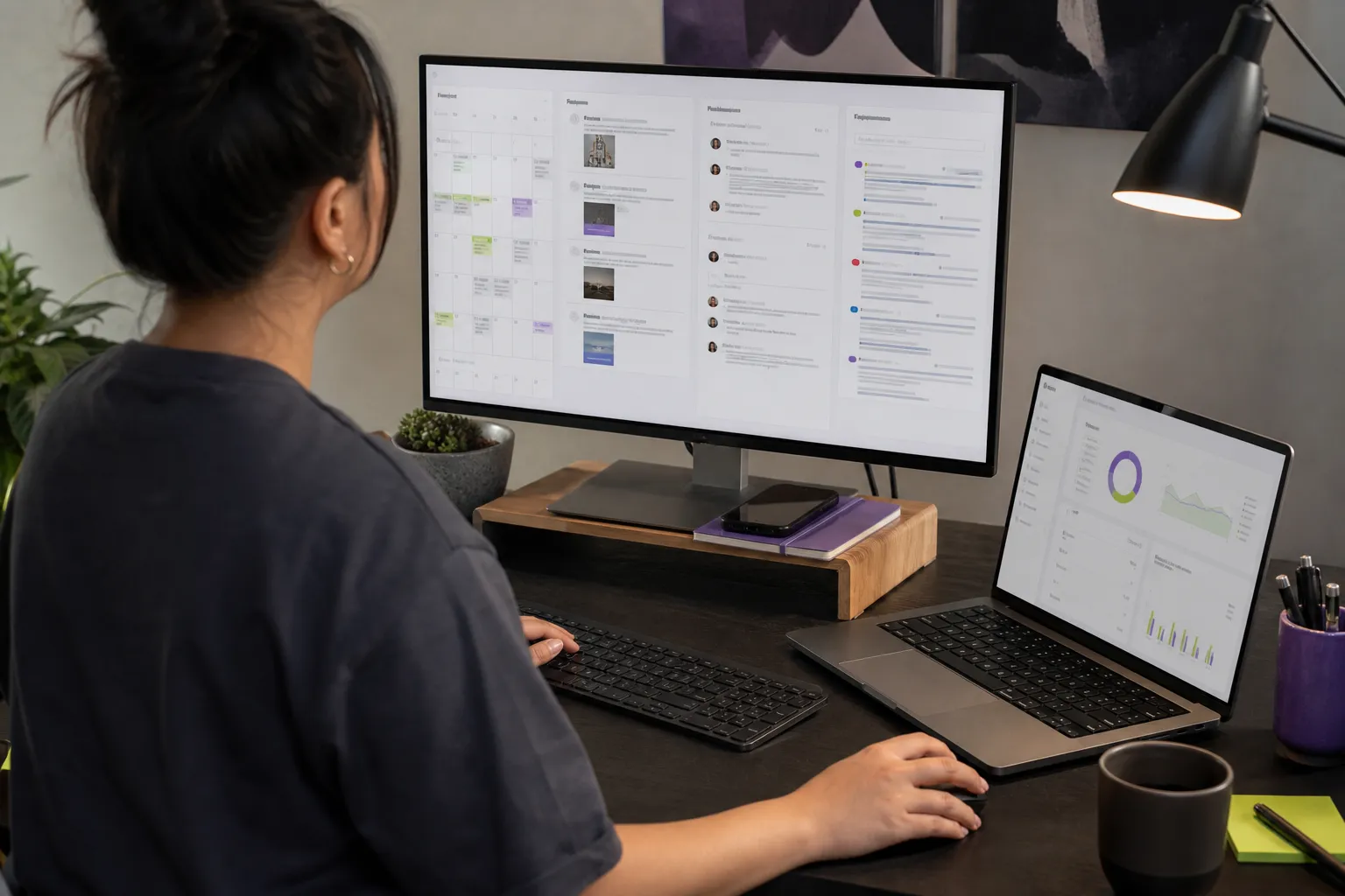 Social media manager scheduling content and monitoring customer comments