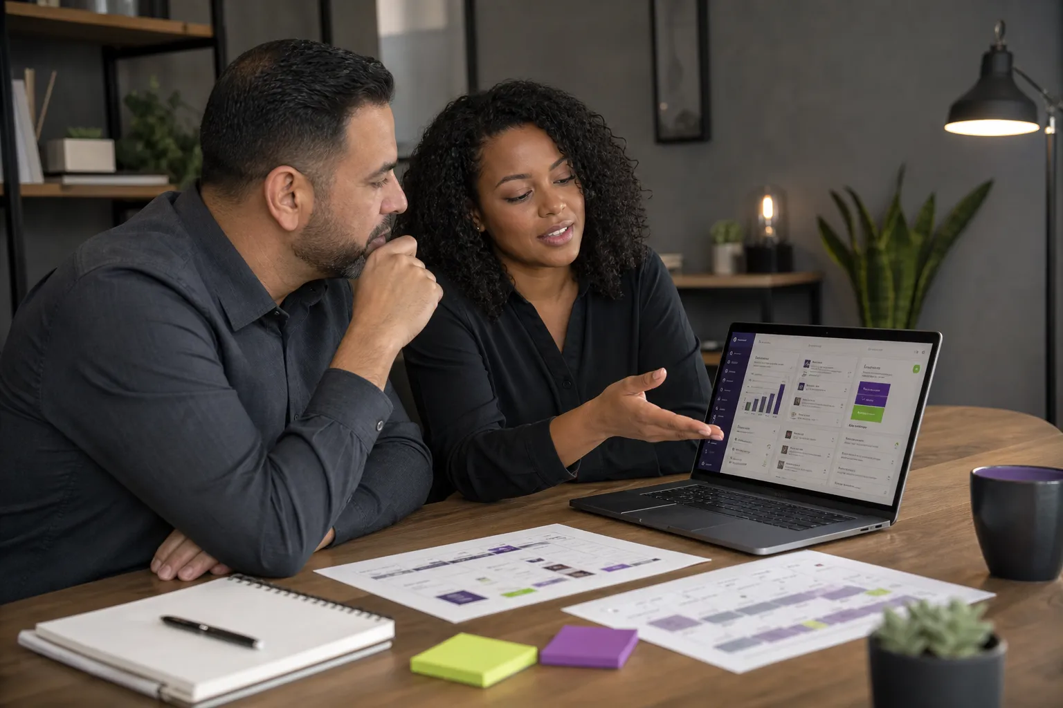 Business owner reviewing social media management results and upcoming content
