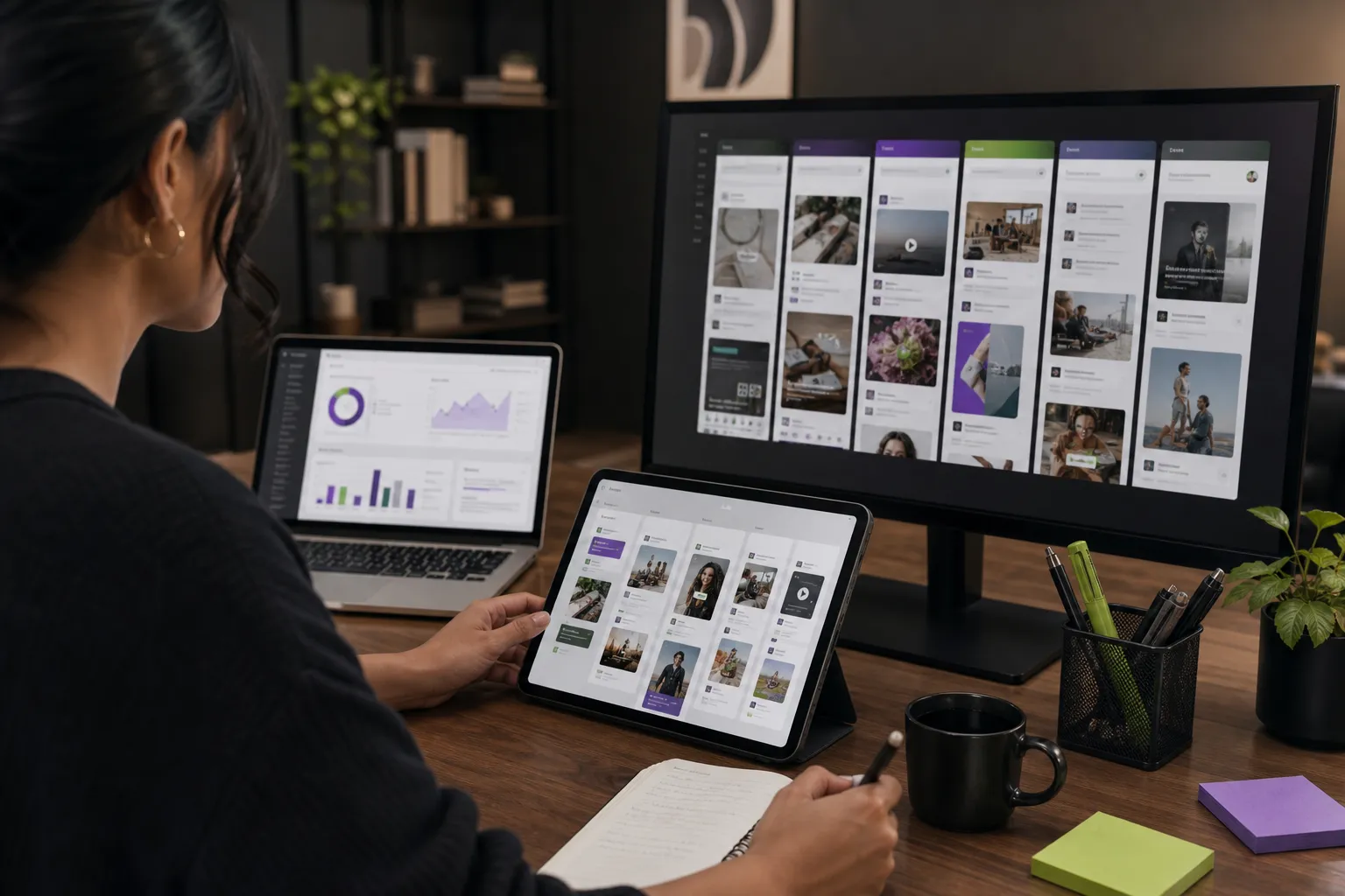 Marketer organizing social posts, short videos, stories, and promotions