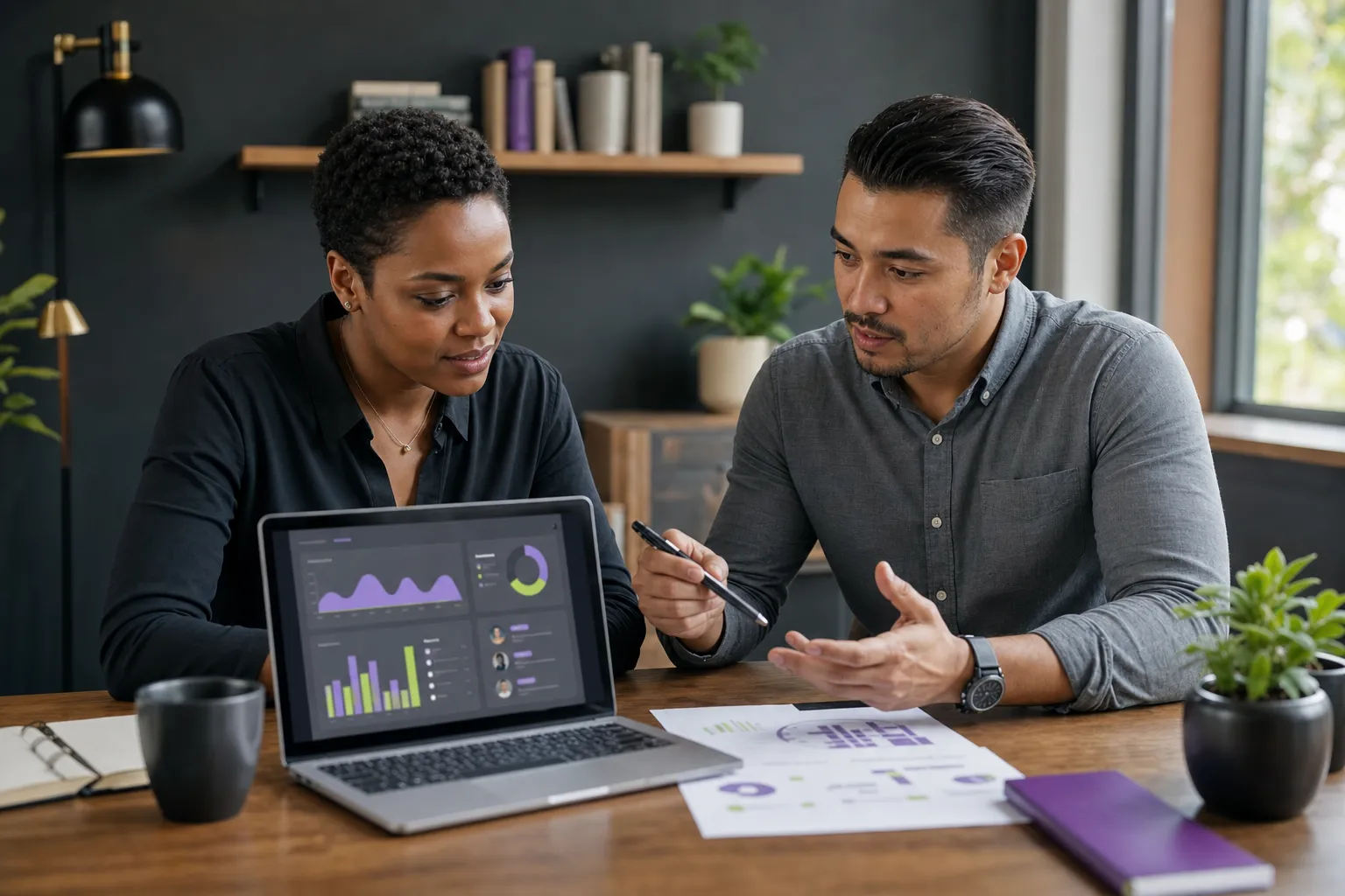 Business owner reviewing social media engagement, inquiries, and content performance