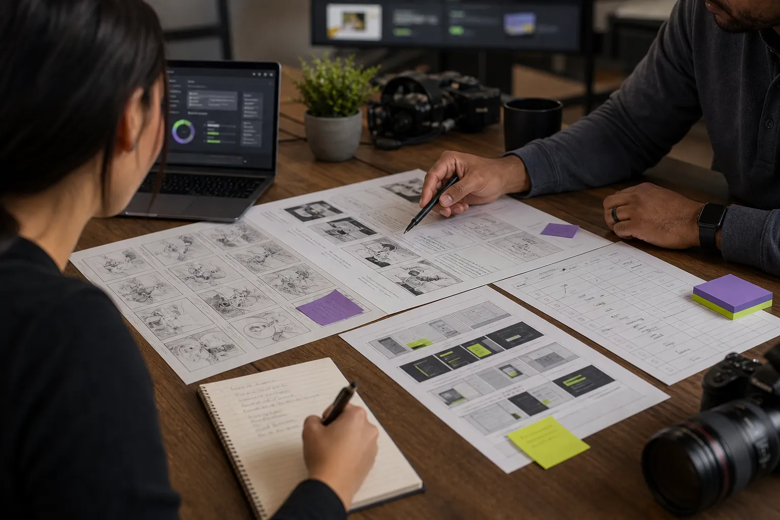 Video strategist organizing scripts, storyboards, locations, and shot lists