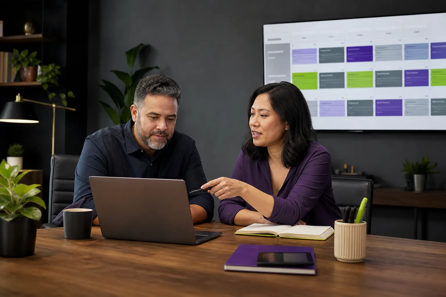 Business owner reviewing a video publishing calendar with a strategist