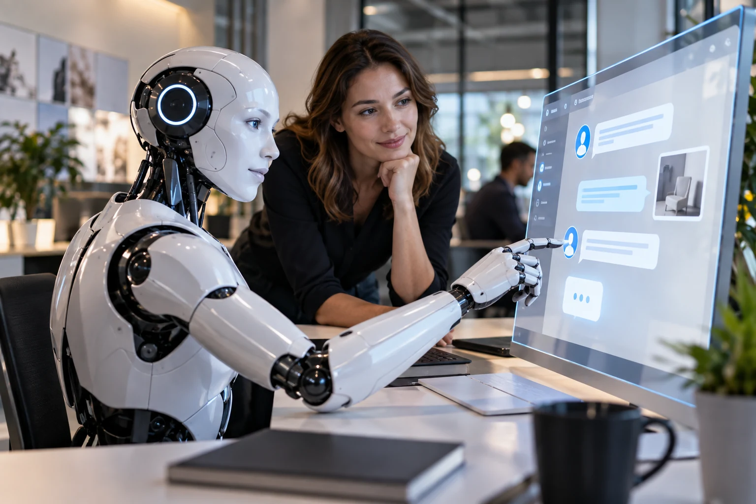 AI website chatbot handling visitor conversations while a human UX specialist monitors the experience