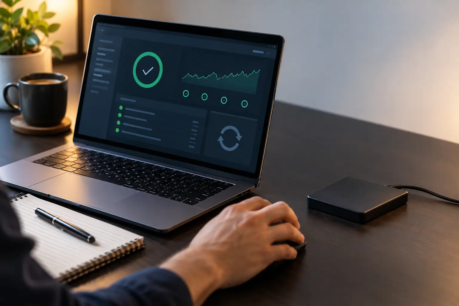Website maintenance workspace with a site update dashboard and backup drive