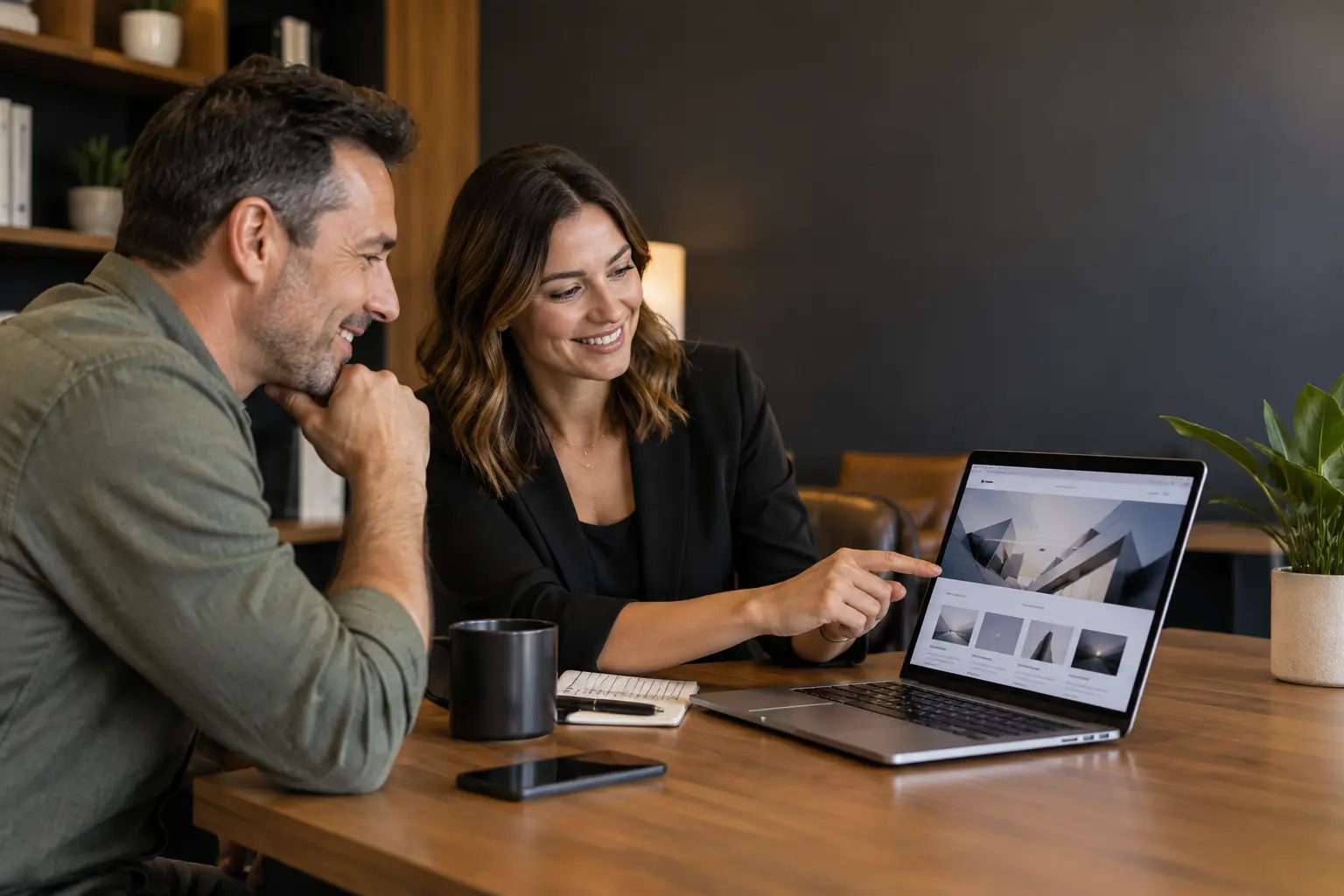 Business owner reviewing a redesigned website with a web designer
