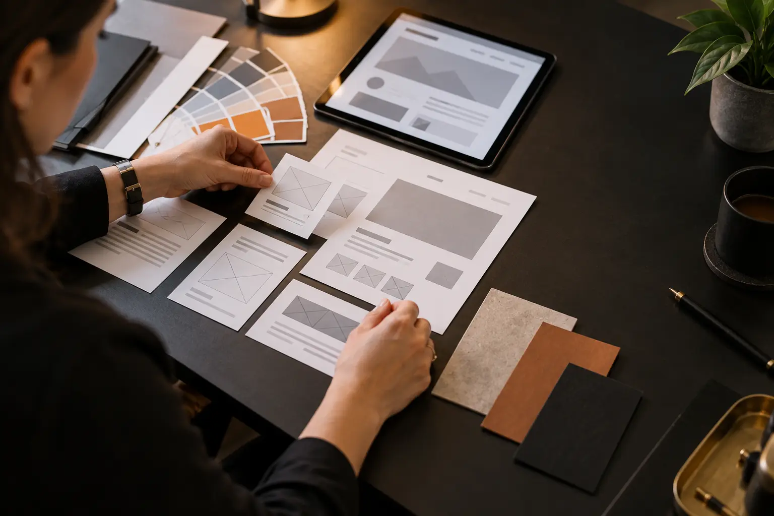 Designer arranging website redesign wireframes and color samples