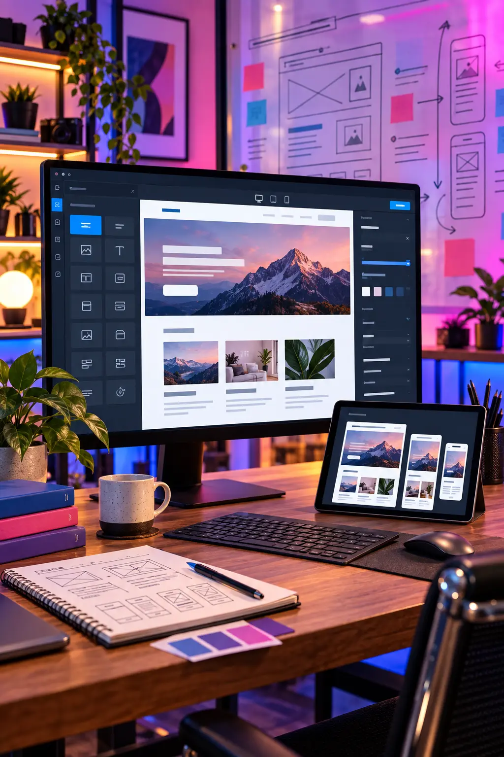 WordPress website design workspace with responsive desktop, tablet, and mobile previews