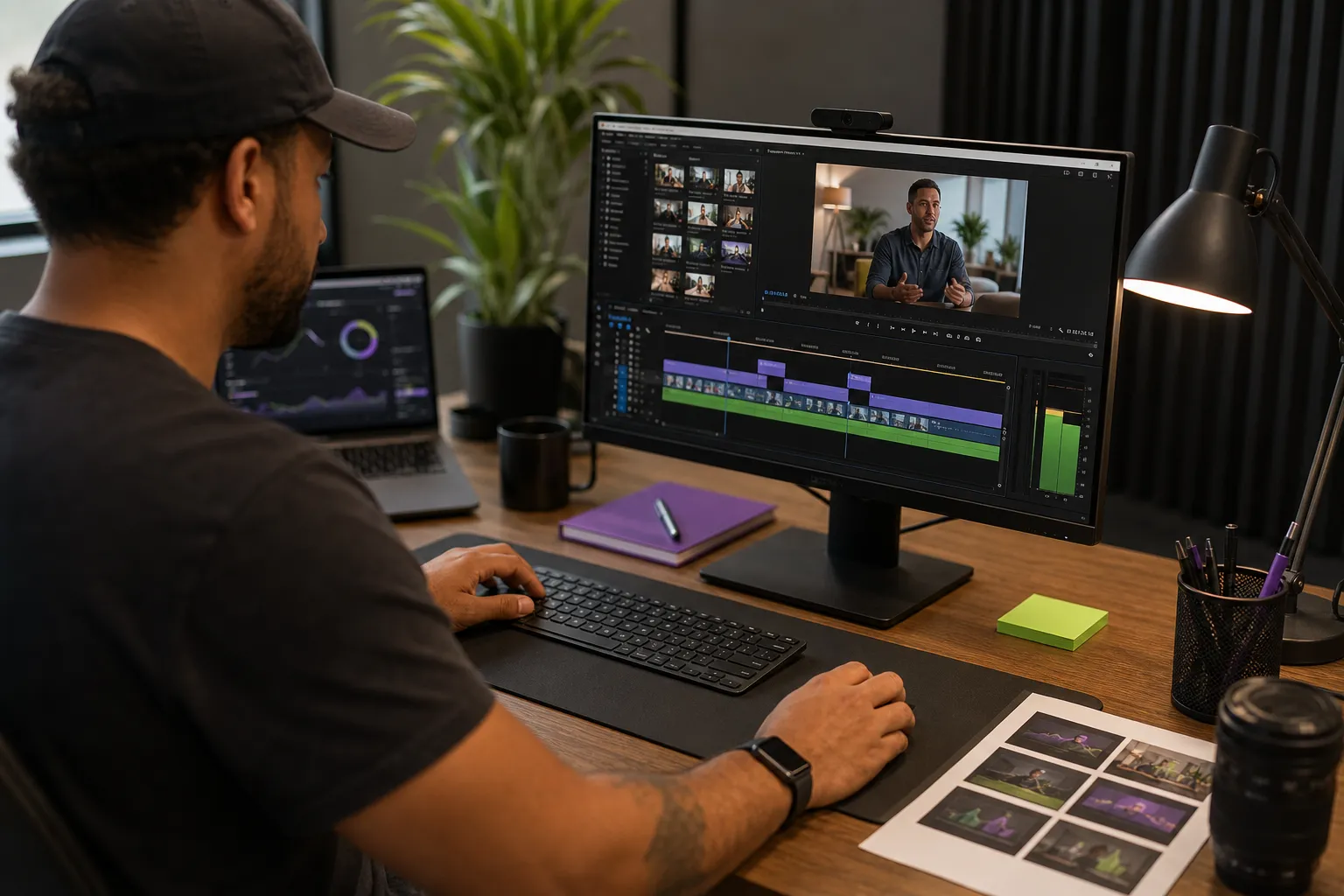 Editor preparing a business video, captions, thumbnail, and chapter structure